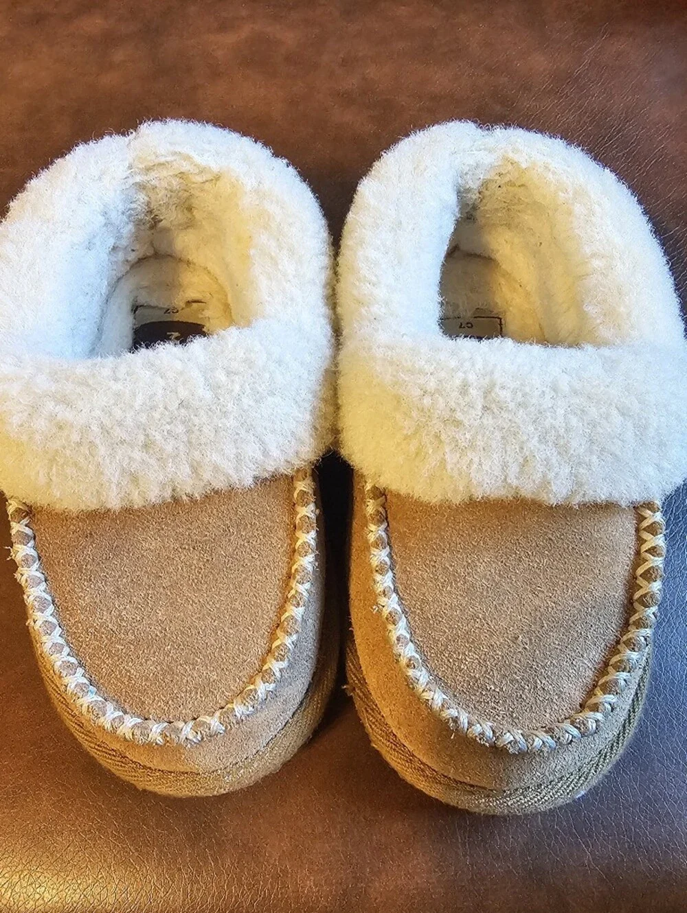 Kids Tan Faux-Shearling Moccasin Slippers